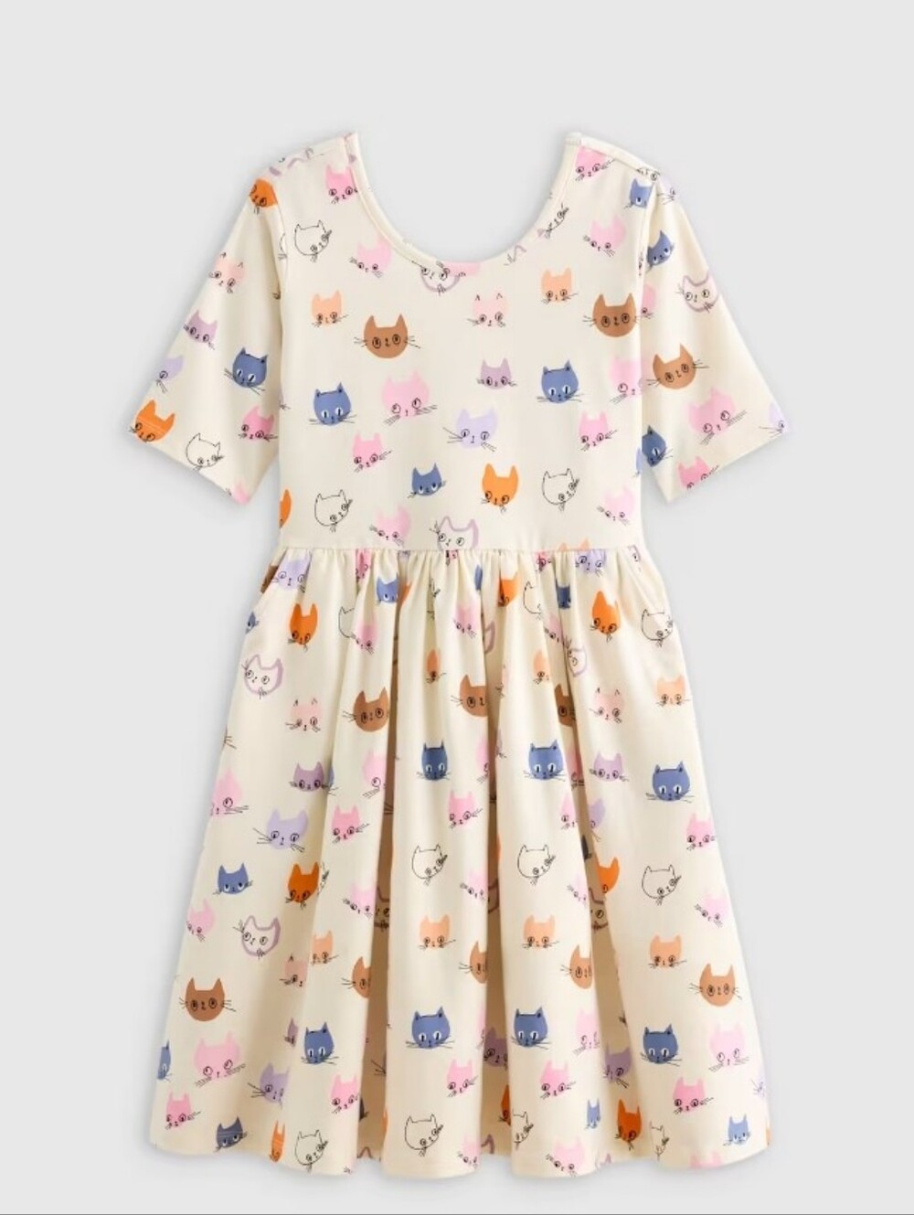 Quince Organic Cotton Sustainable Girls' Cream Cat Print Knit Dress Size 7 Girl